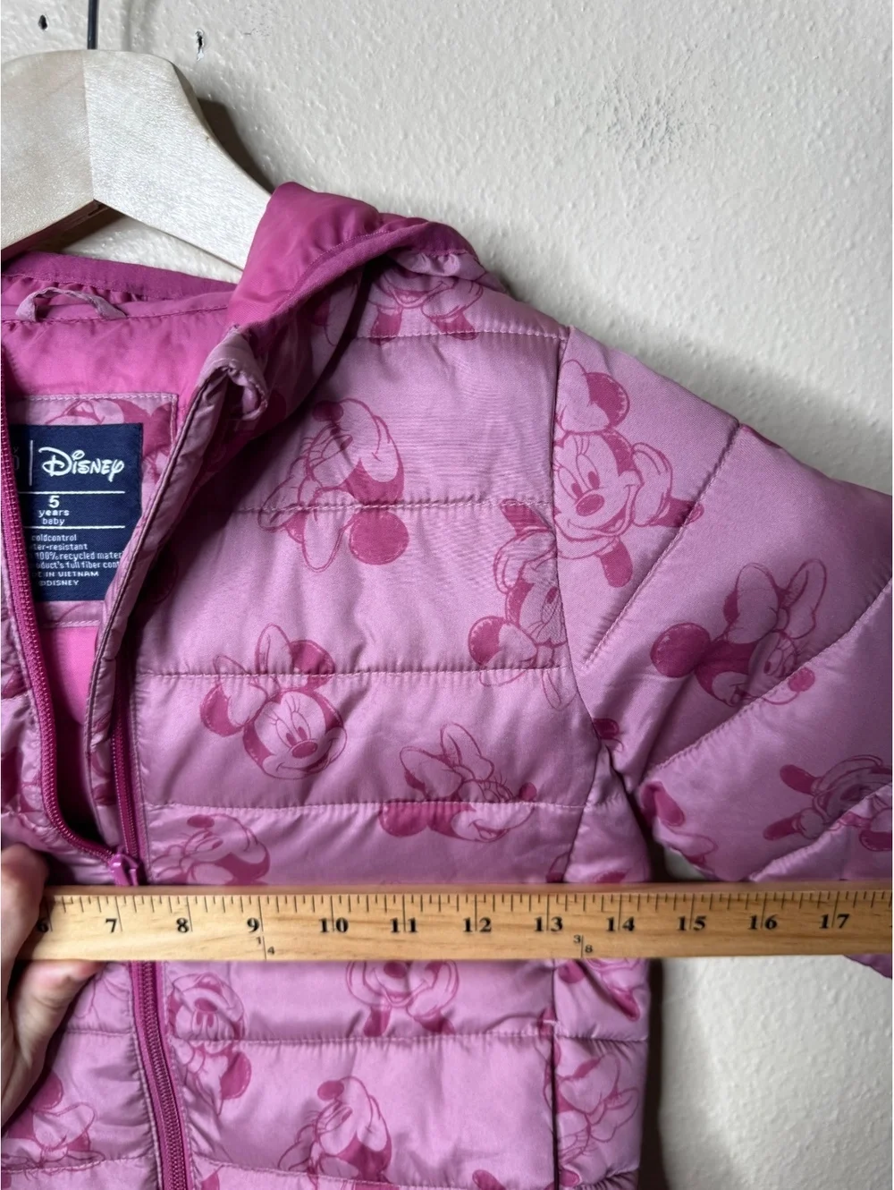 Baby Gap Disney Girls Size 5 Puffer Jacket Pink Minnie Mouse Hooded Full Zip